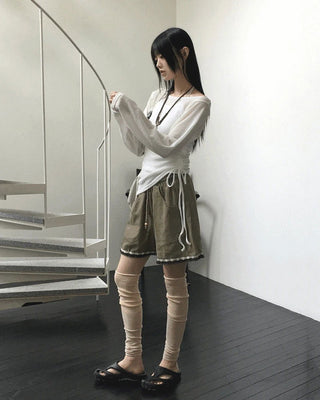 Regan off-shoulder see-through shirring long sleeve Knitwear