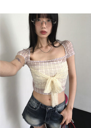 Botte lace ribbon back slit check mesh short sleeve T-shirt