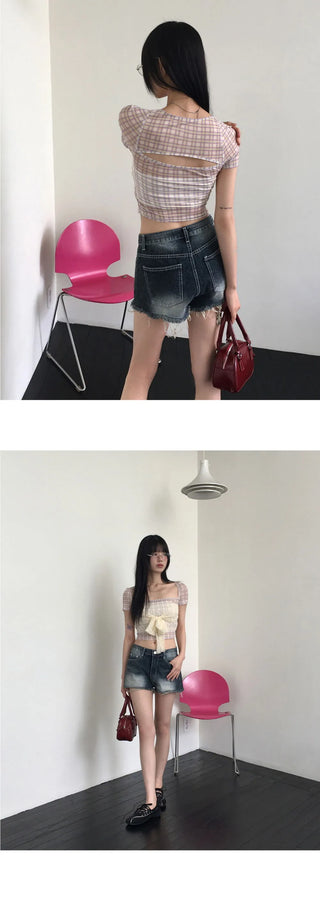 Botte lace ribbon back slit check mesh short sleeve T-shirt