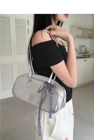 Choton check ribbon strap bowling shoulder bag