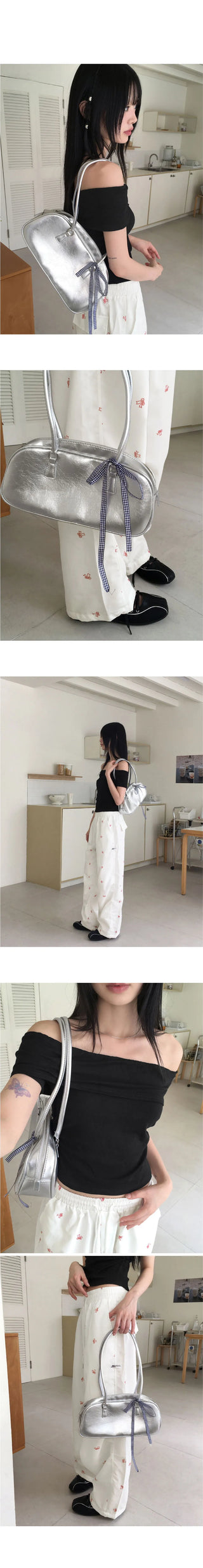 Choton check ribbon strap bowling shoulder bag