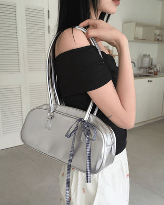 Choton check ribbon strap bowling shoulder bag