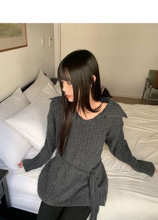 Liha Open Collar Waistband Two-Way V-Neck Long Knitwear