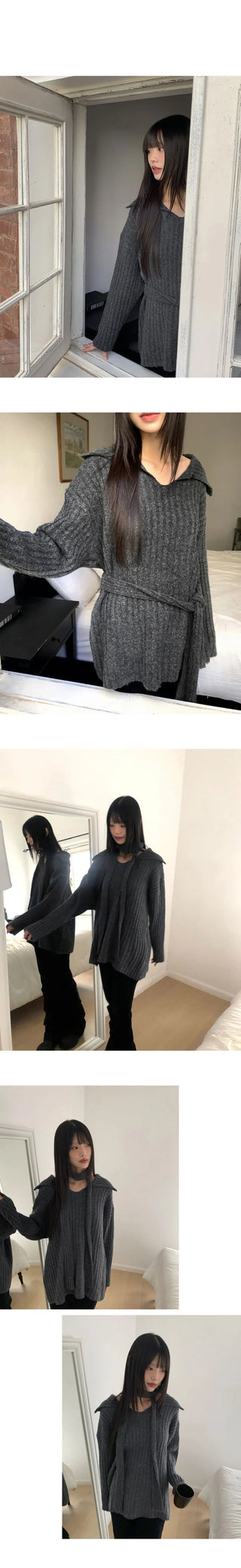 Liha Open Collar Waistband Two-Way V-Neck Long Knitwear