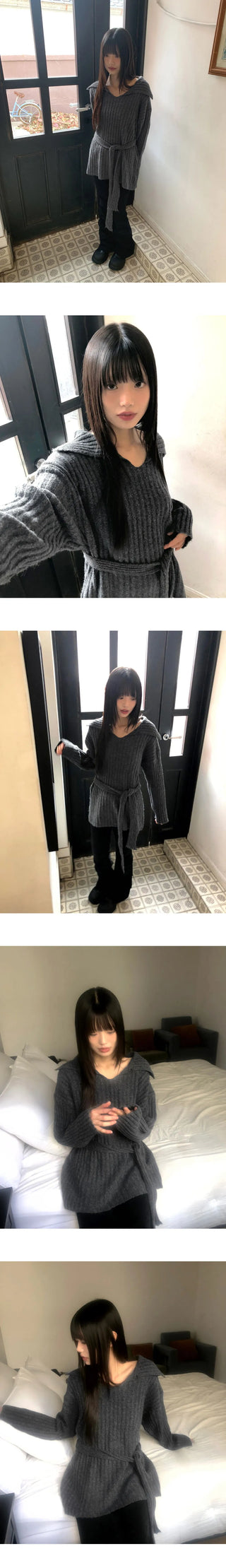 Liha Open Collar Waistband Two-Way V-Neck Long Knitwear