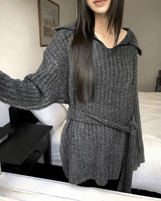 Liha Open Collar Waistband Two-Way V-Neck Long Knitwear