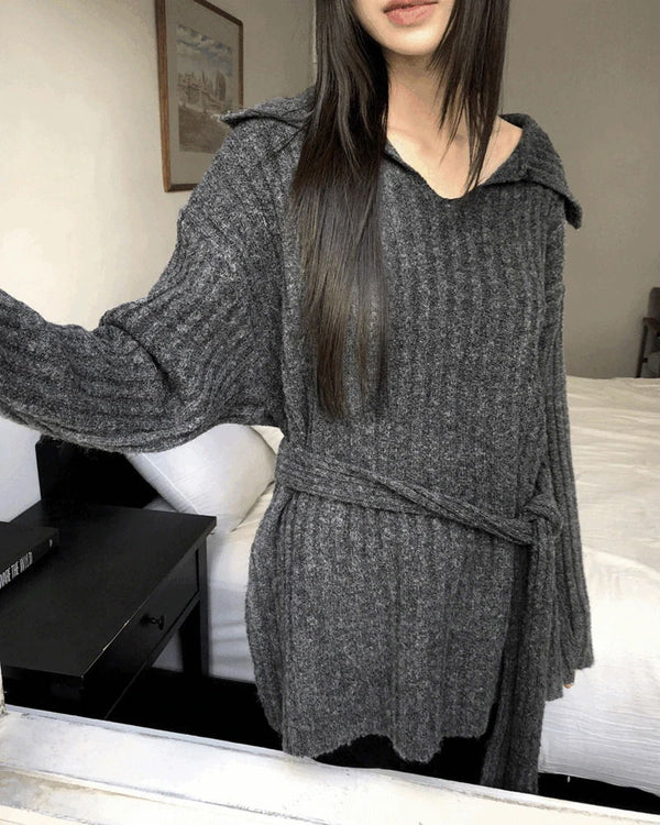 Liha Open Collar Waistband Two-Way V-Neck Long Knitwear