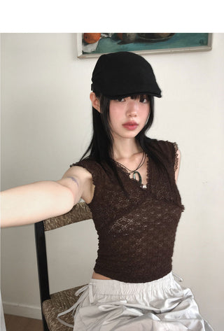 Fobble embossed lace cap sleeve short sleeve T-shirt