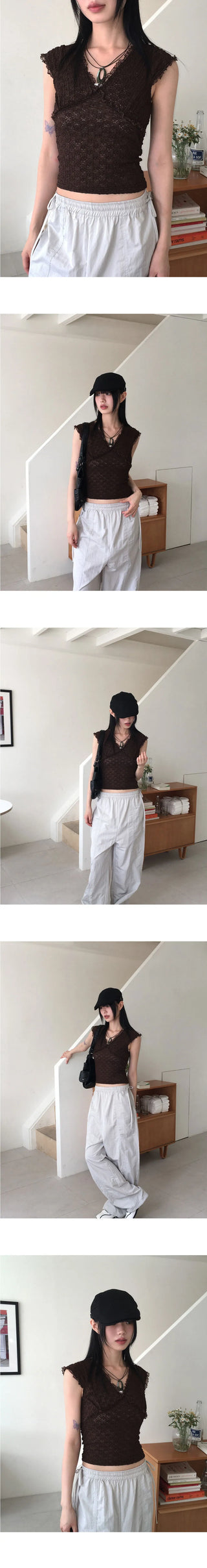 Fobble embossed lace cap sleeve short sleeve T-shirt