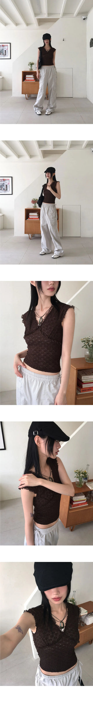 Fobble embossed lace cap sleeve short sleeve T-shirt