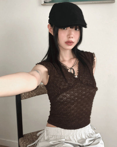 Fobble embossed lace cap sleeve short sleeve T-shirt