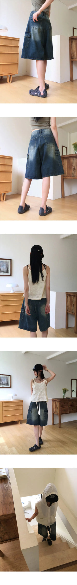 Kelu Vintage Faded Strap Cargo Denim Bermuda 3/4 Pants