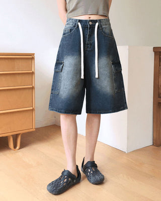 Kelu Vintage Faded Strap Cargo Denim Bermuda 3/4 Pants