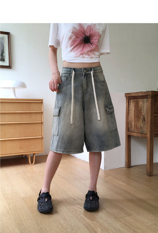 Kelu Vintage Faded Strap Cargo Denim Bermuda 3/4 Pants