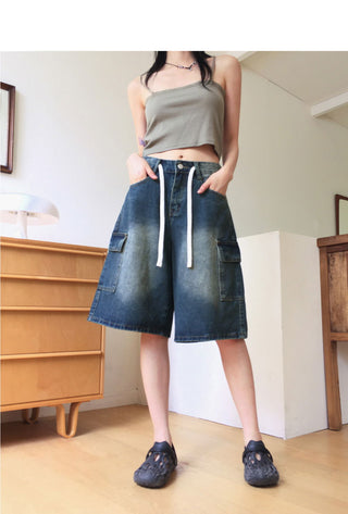 Kelu Vintage Faded Strap Cargo Denim Bermuda 3/4 Pants