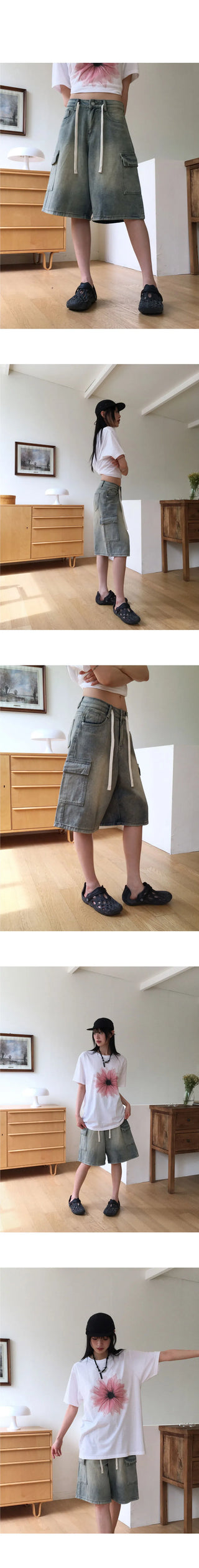 Kelu Vintage Faded Strap Cargo Denim Bermuda 3/4 Pants