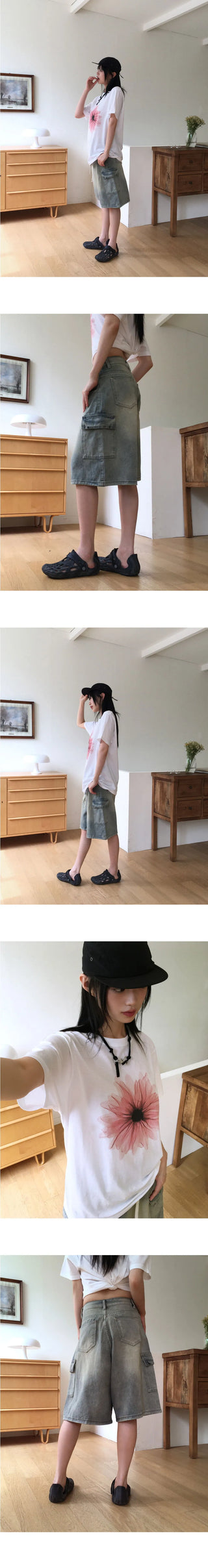 Kelu Vintage Faded Strap Cargo Denim Bermuda 3/4 Pants