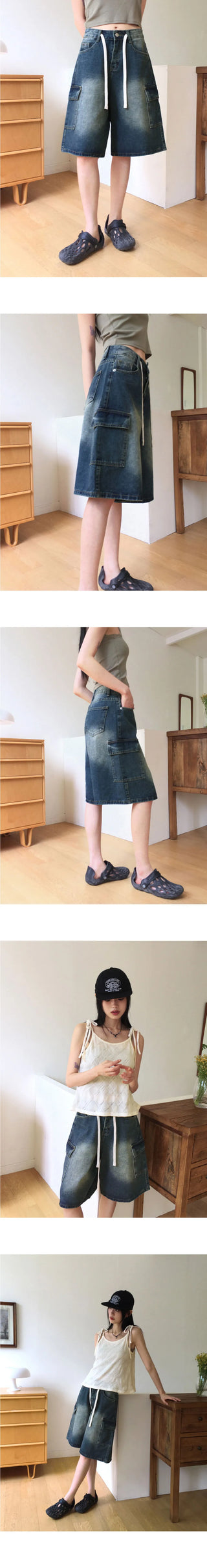 Kelu Vintage Faded Strap Cargo Denim Bermuda 3/4 Pants