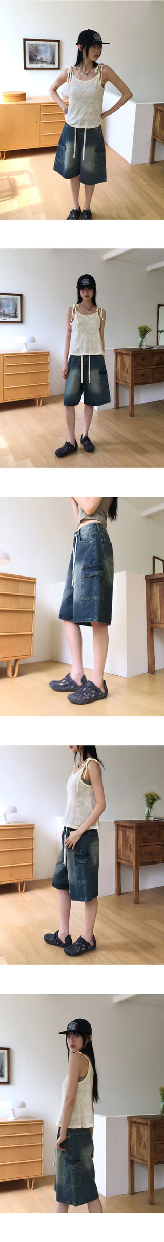 Kelu Vintage Faded Strap Cargo Denim Bermuda 3/4 Pants