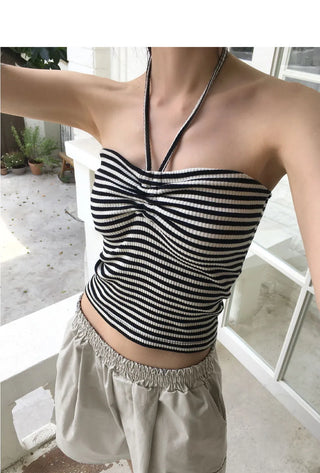 Nucket Striped Shirring Two Way Halter Strap Top Sleeveless