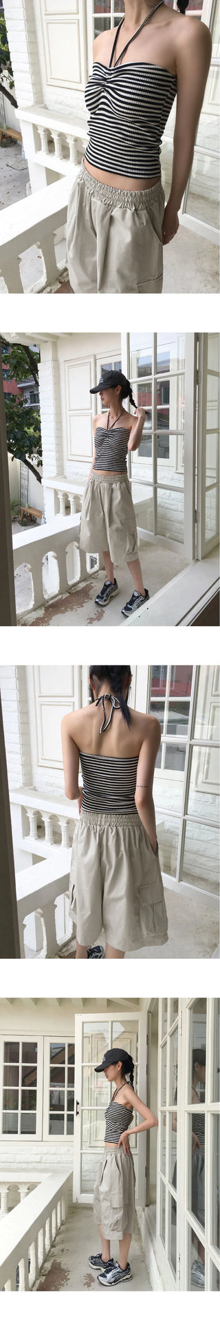Nucket Striped Shirring Two Way Halter Strap Top Sleeveless