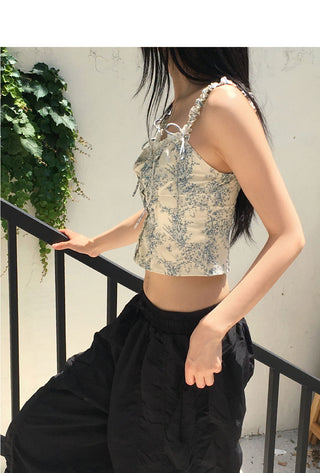 Ciel Flower Ribbon Shirring Banding Bustier Sleeveless Blouse