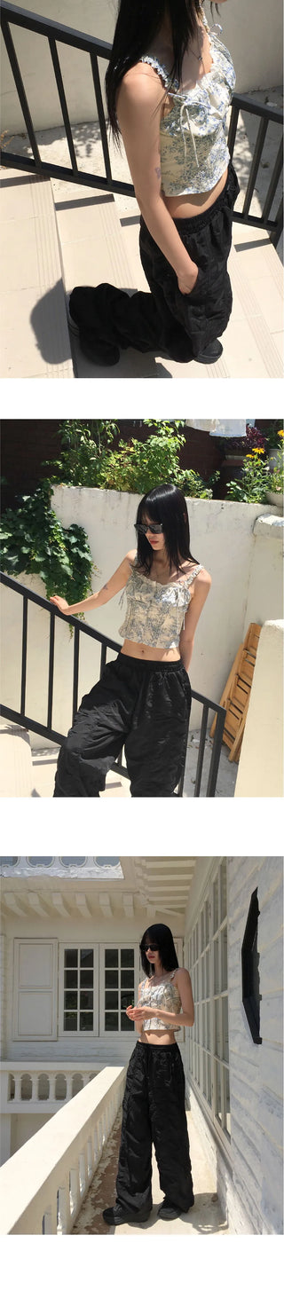 Ciel Flower Ribbon Shirring Banding Bustier Sleeveless Blouse