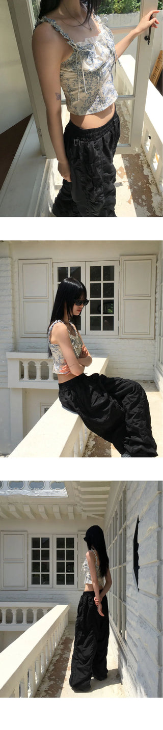 Ciel Flower Ribbon Shirring Banding Bustier Sleeveless Blouse