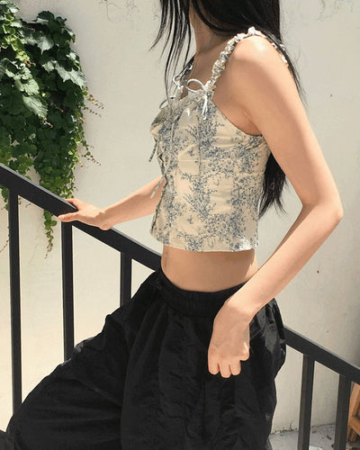Ciel Flower Ribbon Shirring Banding Bustier Sleeveless Blouse