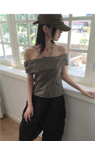 Tenon glossy metal coated off-shoulder blouse