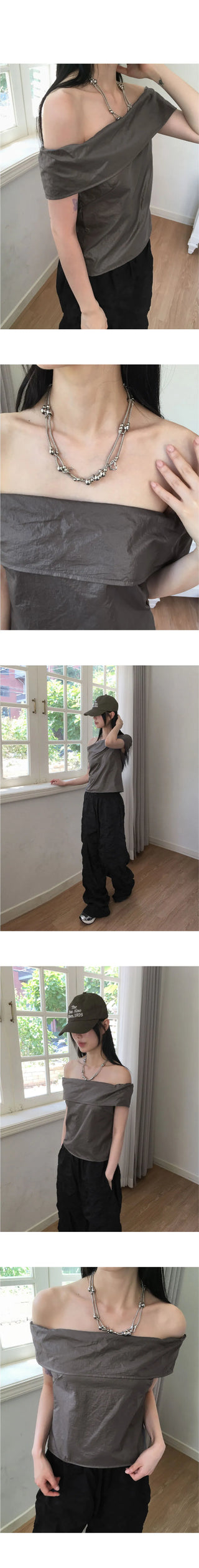 Tenon glossy metal coated off-shoulder blouse