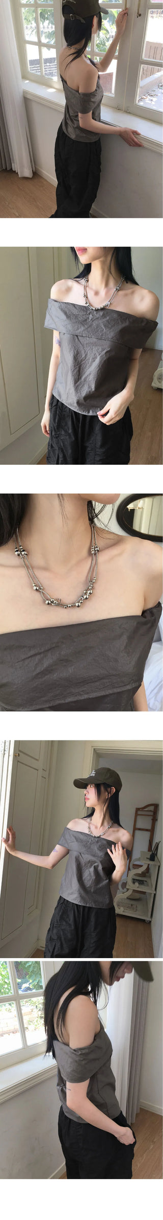 Tenon glossy metal coated off-shoulder blouse