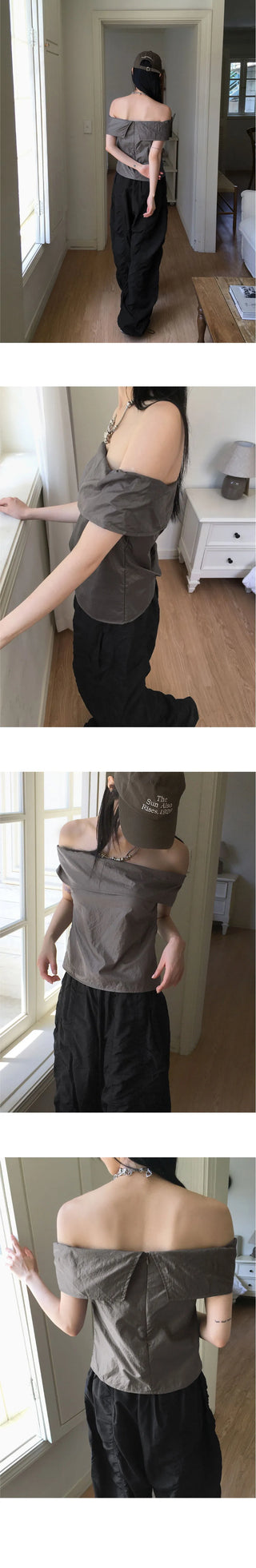 Tenon glossy metal coated off-shoulder blouse