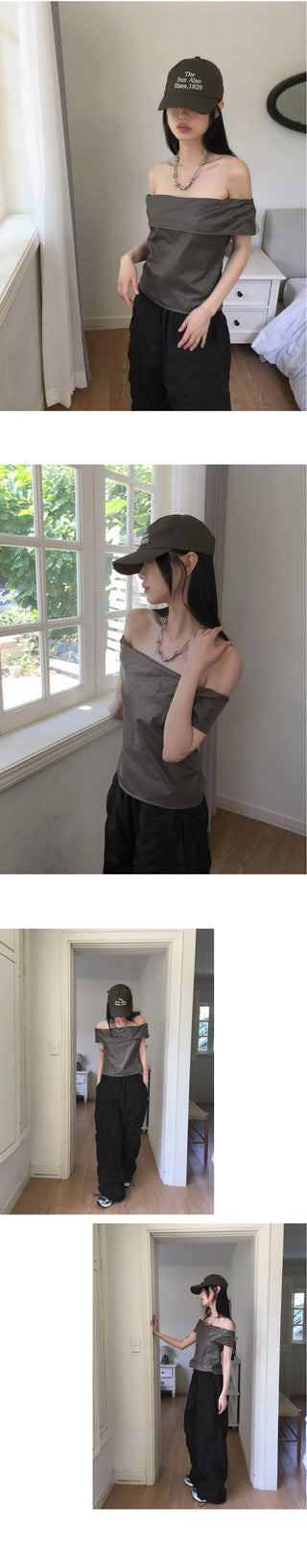 Tenon glossy metal coated off-shoulder blouse
