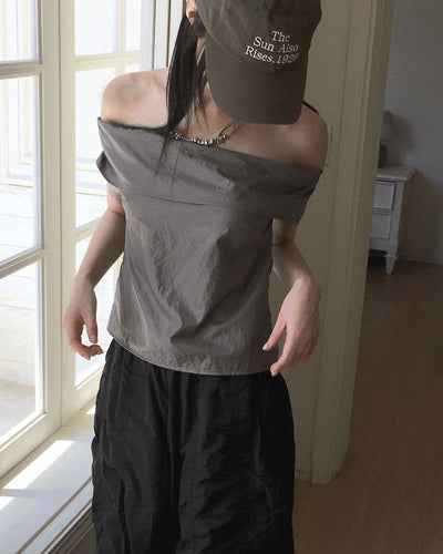 Tenon glossy metal coated off-shoulder blouse