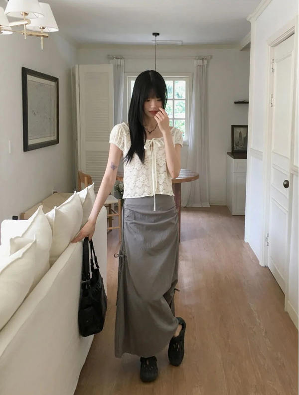 Quiche eyelet ribbon shirring pocket nylon long skirt