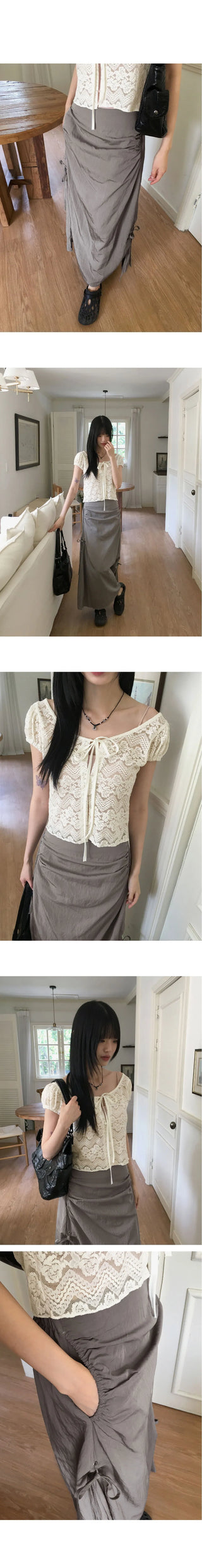 Quiche eyelet ribbon shirring pocket nylon long skirt