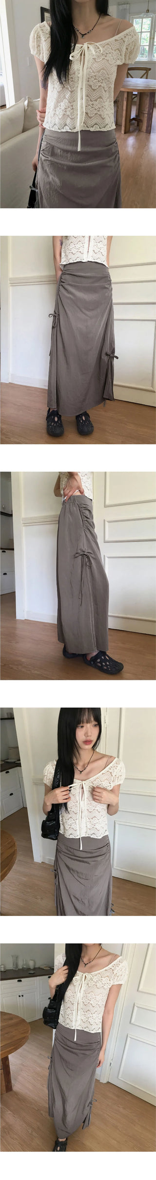 Quiche eyelet ribbon shirring pocket nylon long skirt