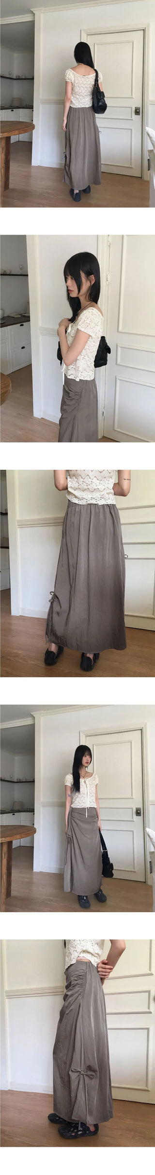 Quiche eyelet ribbon shirring pocket nylon long skirt