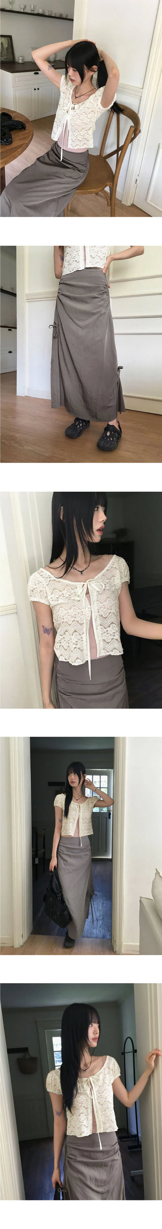 Quiche eyelet ribbon shirring pocket nylon long skirt