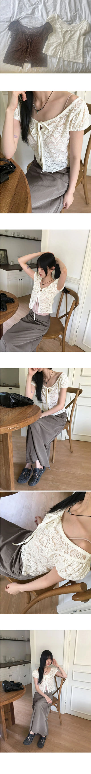 Tipol Rose see-through button strap puff short-sleeved cardigan
