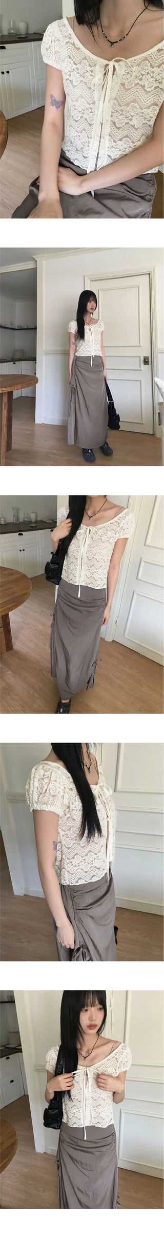 Tipol Rose see-through button strap puff short-sleeved cardigan