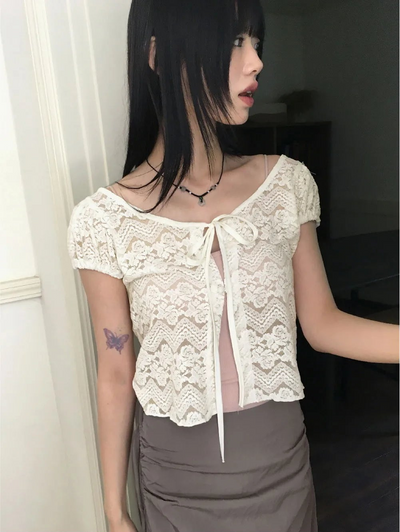 Tipol Rose see-through button strap puff short-sleeved cardigan
