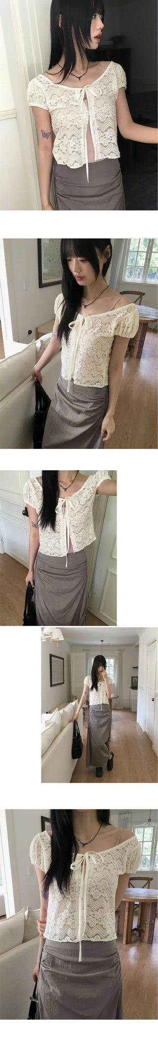 Tipol Rose see-through button strap puff short-sleeved cardigan