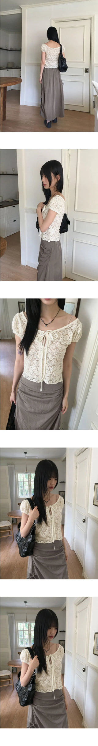 Tipol Rose see-through button strap puff short-sleeved cardigan