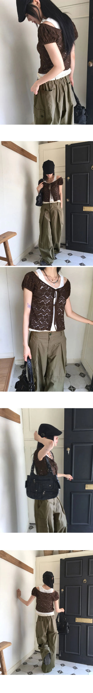 Tipol Rose see-through button strap puff short-sleeved cardigan