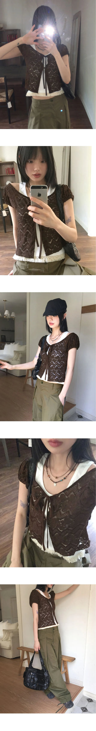 Tipol Rose see-through button strap puff short-sleeved cardigan