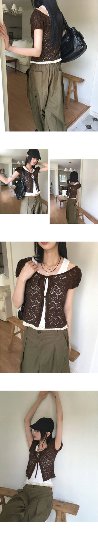 Tipol Rose see-through button strap puff short-sleeved cardigan