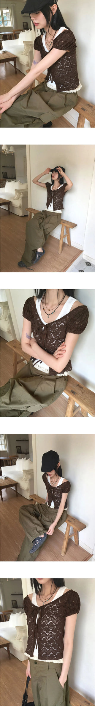 Tipol Rose see-through button strap puff short-sleeved cardigan