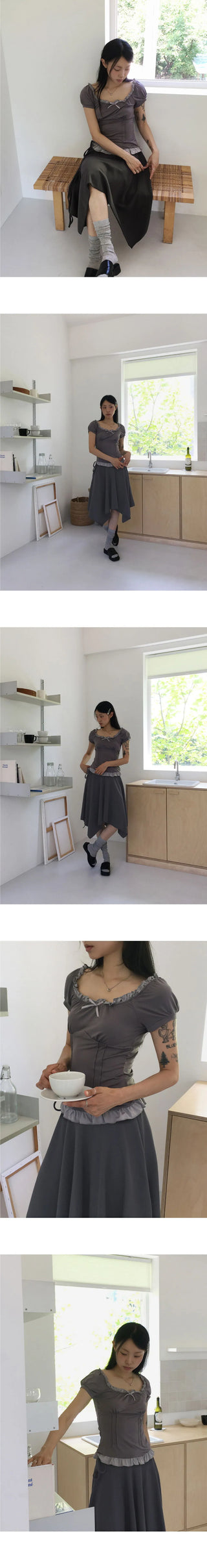 Pavel Ribbon Strap Uncut Cutting Midi Skirt